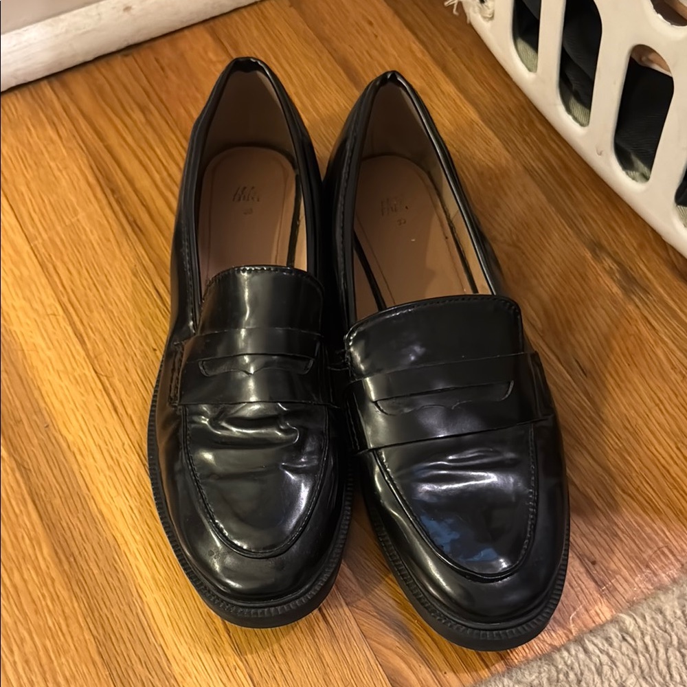 H&M Black Leather Penny Loafers Flats
